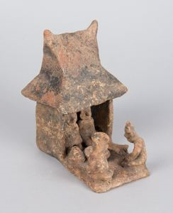 Image of Clay model of a house with people and a dog