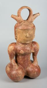 Image of molded pottery vessel, kneeling figure with double spouts