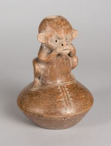Image of molded pottery vessel, seated monkey
